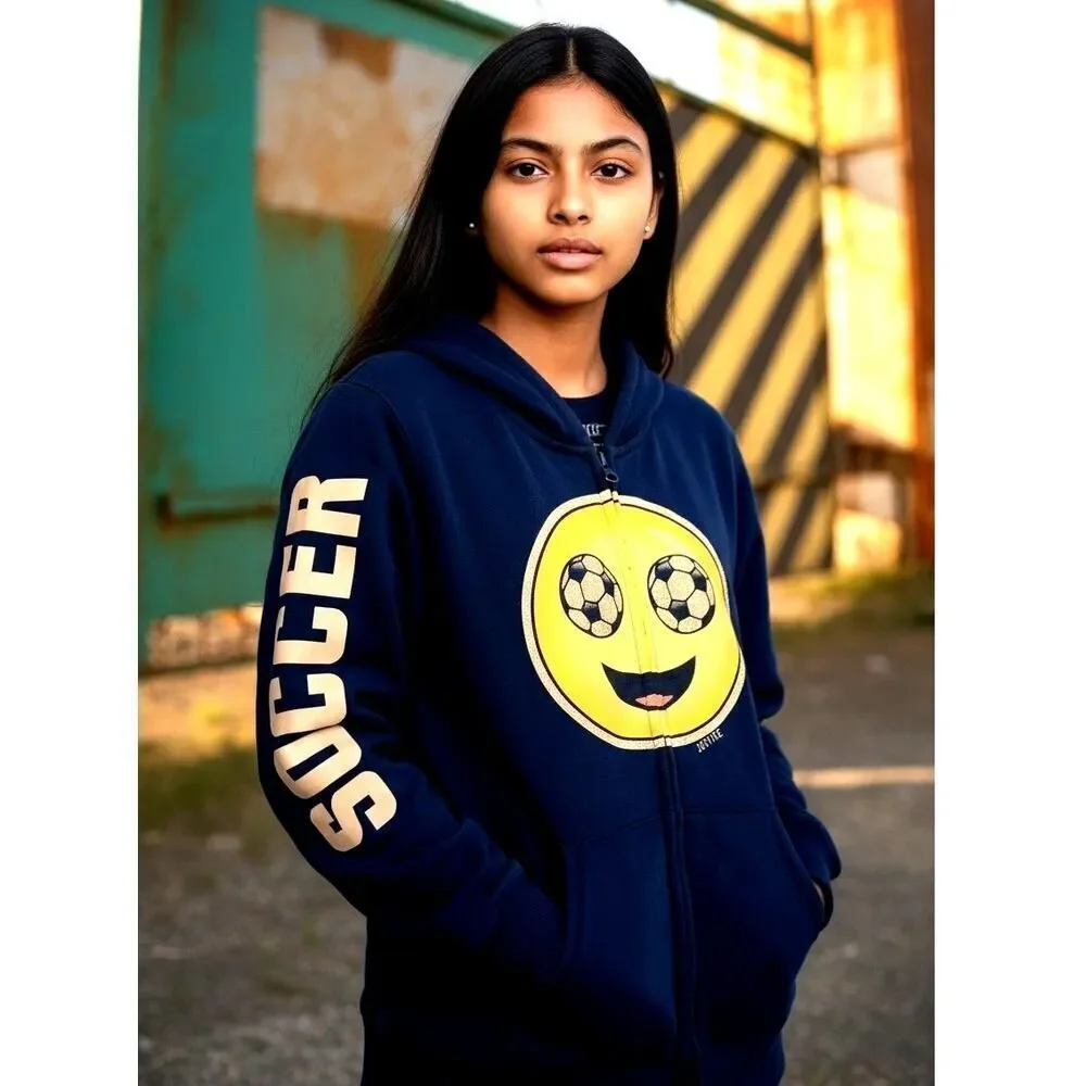 Justice Active Girls Black Soccer w/Large Soccer Emoji Zipper Hoodie - Size 8/10